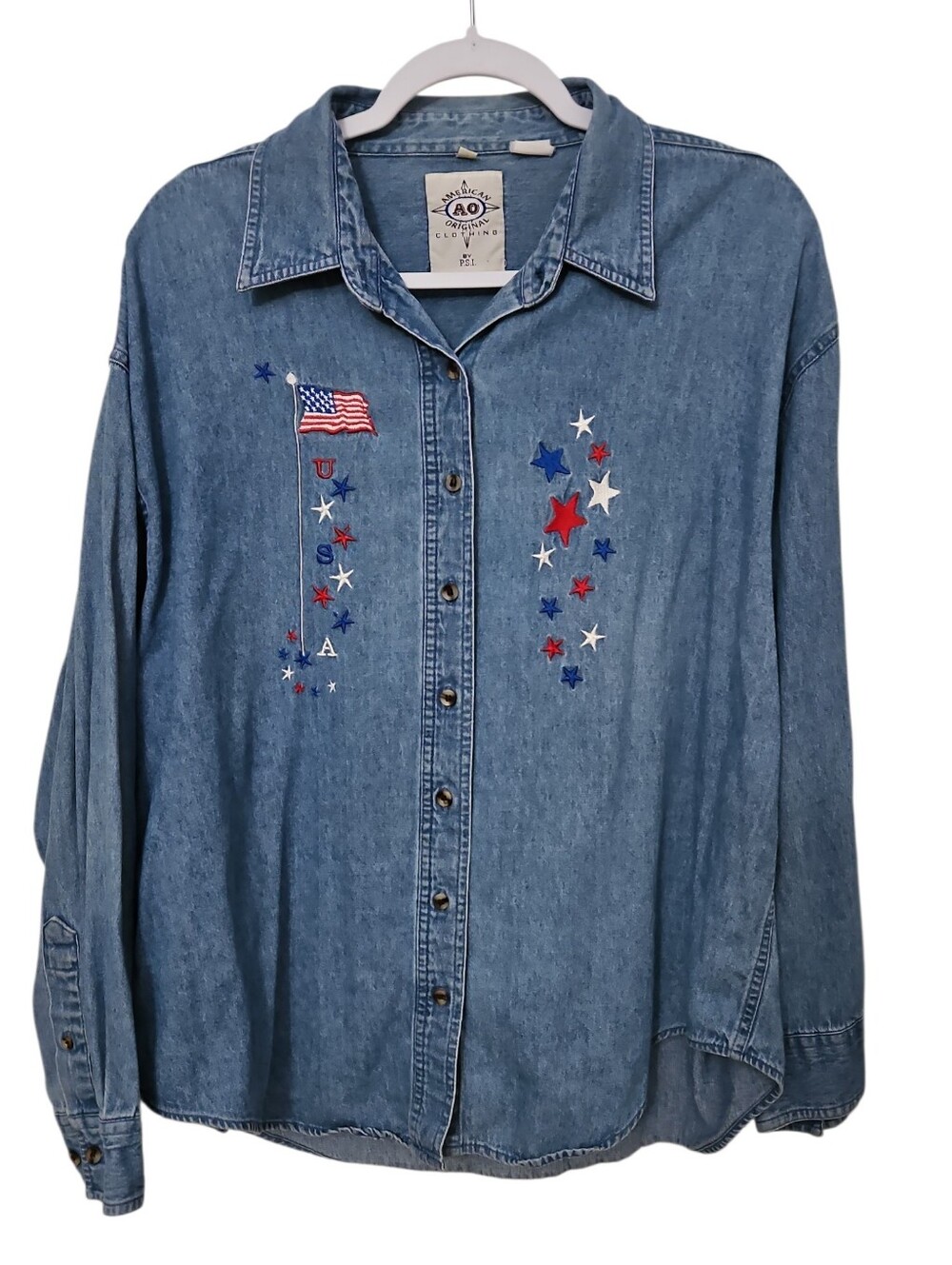 Vtg American Original Denim Button-Up Shirt USA Patriotic Star Embroidery Sz XL